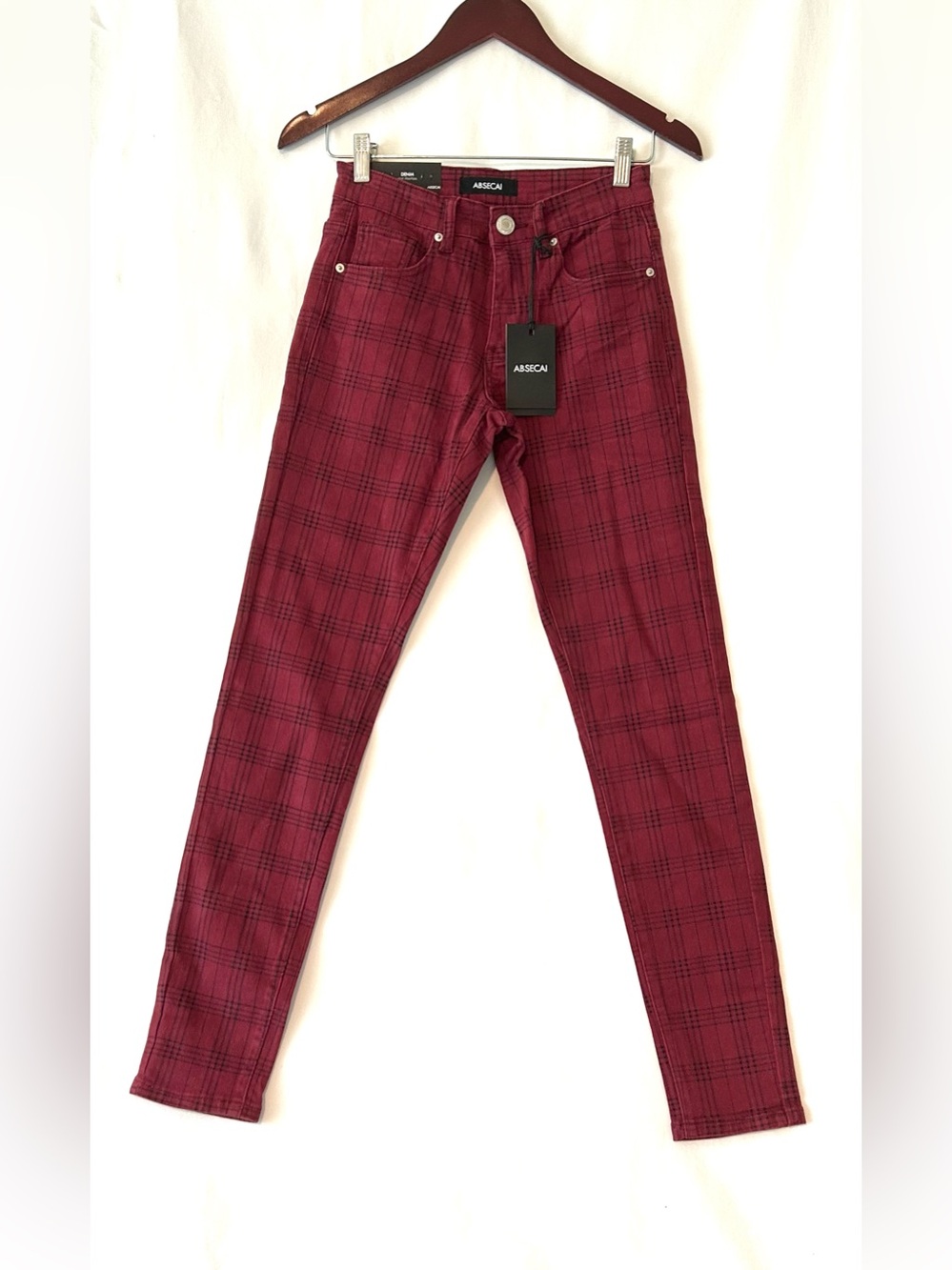 NWT Absecai Women/Men, Unisex Red Plaid/Tartan Denim Jeans Sz28 High Rise Flare